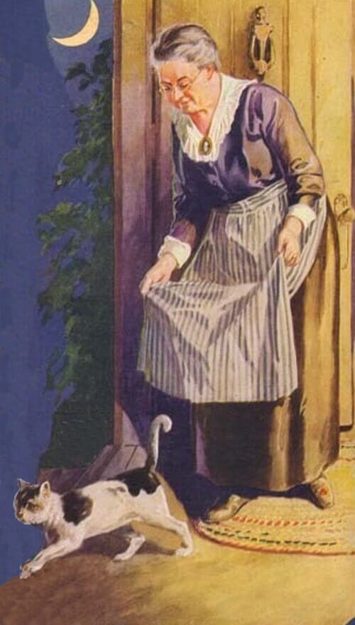 Vintage Color Illustration of a Grandmother Shooing Her Cat Out the Door from an Armour's Oats Illustration, 1922