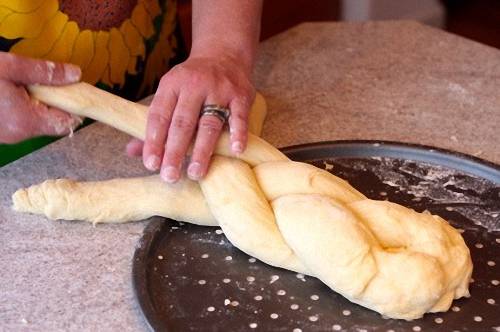 Braiding Bread by Folding the Left Strand Over the Right in Step Two