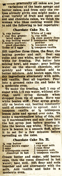 Chocolate Cake Recipe Clipping c.1920s