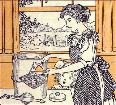 Vintage Illustration of a Lady Making Ice Cream with a Hand Crank Freezer