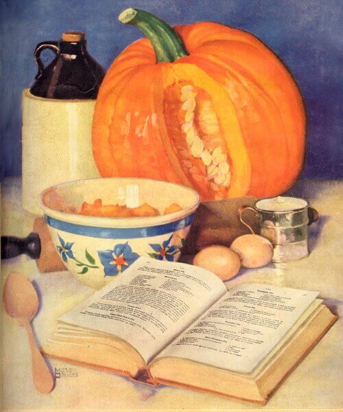 Vintage illustration of an open cookbook and the ingredients for making a pumpkin pie. Pin for later!