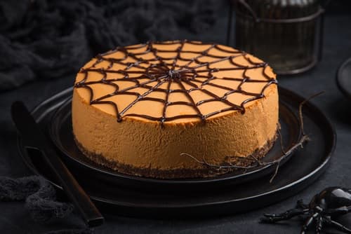 Pumpkin Cheesecake Decorated With a Spider Web for Halloween