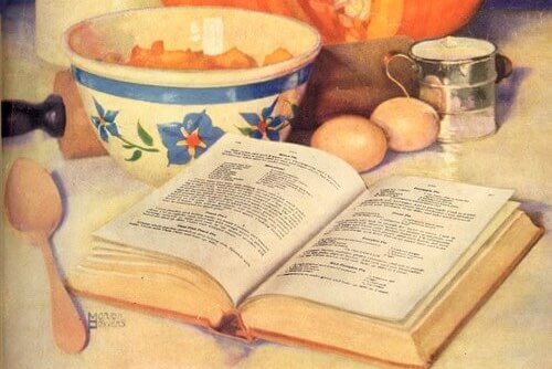 Vintage Illustration of an Old Time Cookbook and Recipes