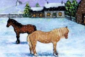 Wintery Illustration of Horses in a Snowy Field