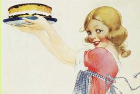 Young Maid Holding a Layered Vintage Cake with Chocolate Icing