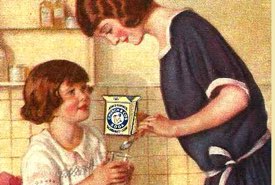 Vintage Illustration of a Mother Preparing an Effervescent Soda Drink for Her Daughter