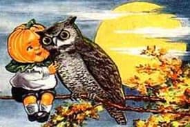 Old Fashioned Halloween Illustration of a Pumpkin Child and an Owl on a Branch