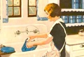 Lady Cleaning Dishes in a Vintage Sink