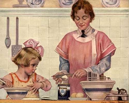 Vintage Illustration of Mother Sharing Cake Baking Help with Daughter