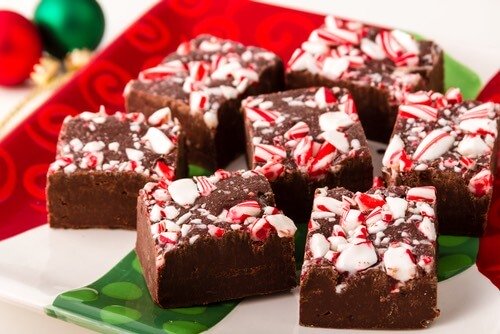 Chocolate Candy Cane Fudge on a Colorful Tray