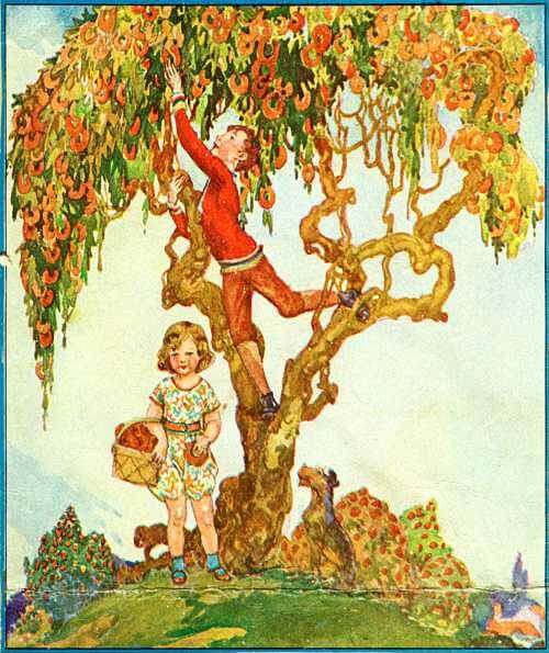 Vintage Color Illustration of Children Picking Donuts From a Doughnut Tree