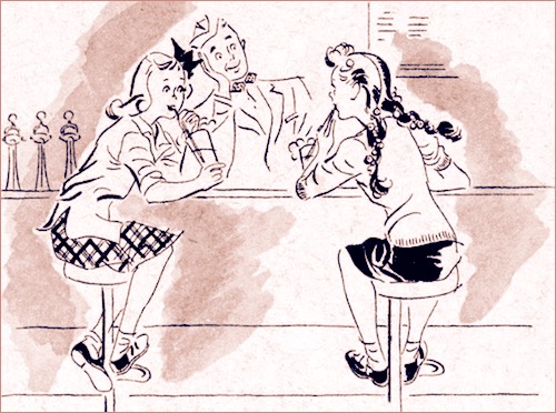 Cartoon of Two Girls Enjoying Their Cream Sodas at the Soda Fountain