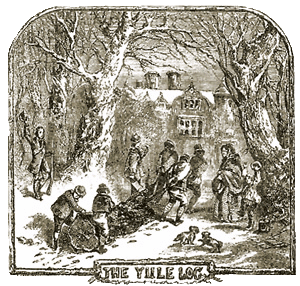 Vintage Illustration of a Family Bringing in the Yule Log at Epiphany